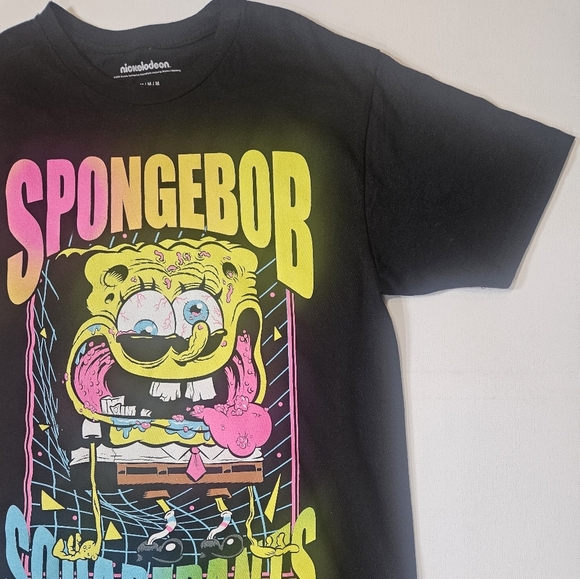 SpongeBob T-shirt Mens Medium Black Trippy Zombie Neon Graphic Halloween Tee NEW - Picture 4 of 5